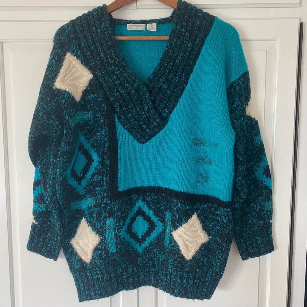 Vintage 80s 90s Bright Turquoise V-Neck Geometric Thick Sweater Women's Medium